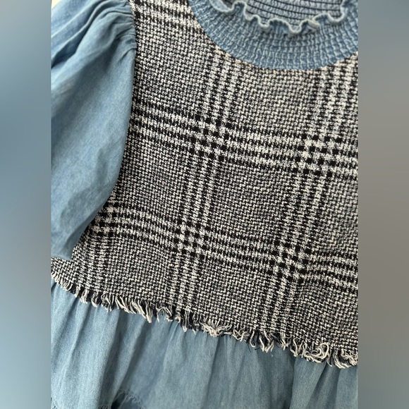 Zara Denim and Tweed Mini Short Balloon Sleeve Dress - Picture 3 of 3